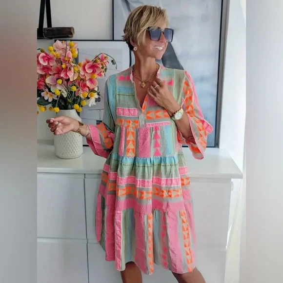 NEW Boho Embroidered Colorful Geometric Patterned Women's Dress - Picture 2 of 5